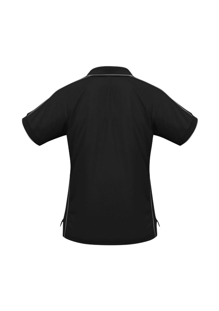 Ladies Resort Polo in Black, Size 8, featuring breathable fabric, raglan sleeves, and stylish details for comfort and sun protection.