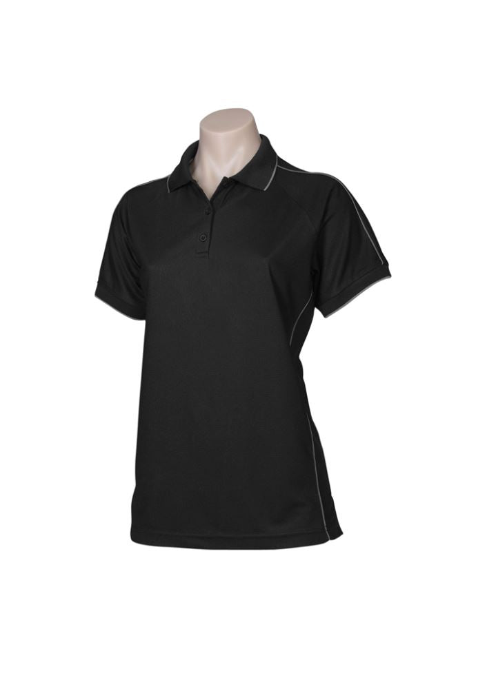 Ladies Resort Polo in Black, Size 20, featuring breathable polyester, tonal piping, and stylish raglan sleeves for comfort.