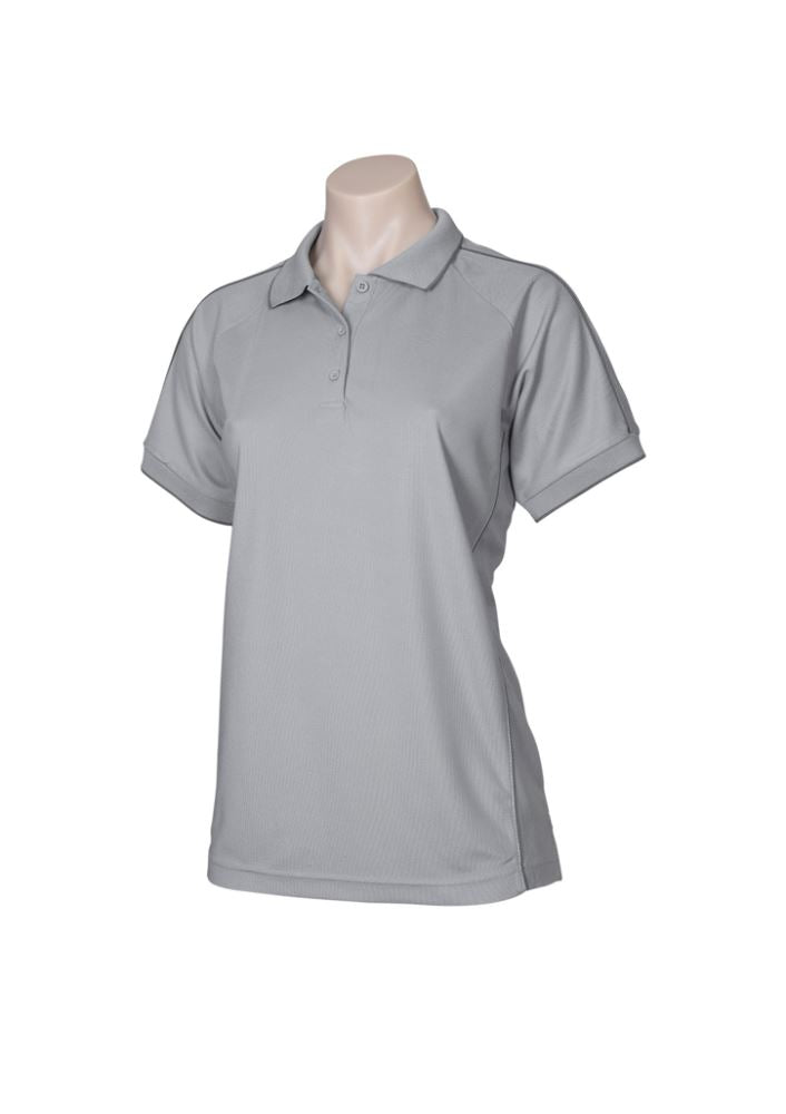 Ladies Resort Polo in Grey/Charcoal, Size 8, featuring breathable fabric, UPF sun protection, and stylish raglan design.