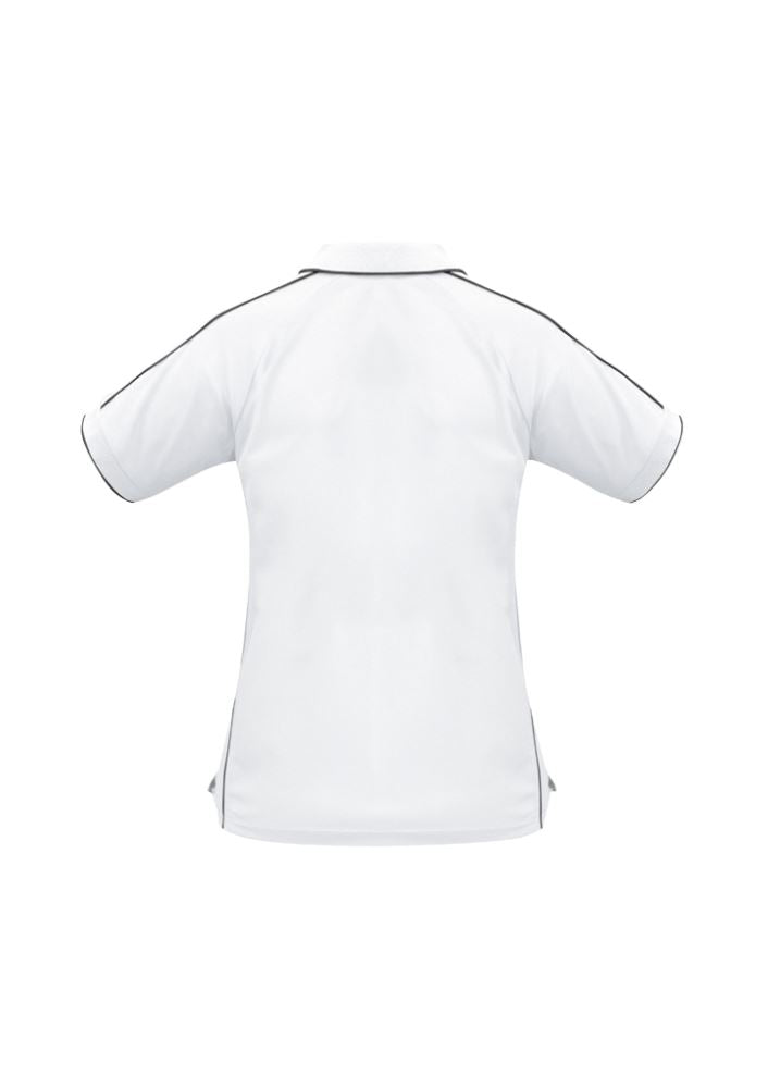 Ladies Resort Polo in White/Charcoal, Size 24, featuring breathable fabric, raglan sleeves, and stylish striped details.