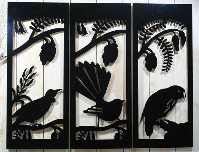 Fantail on Kowhai Panel showcasing a kiwi-themed design with a fantail bird and kowhai flowers on durable black art.