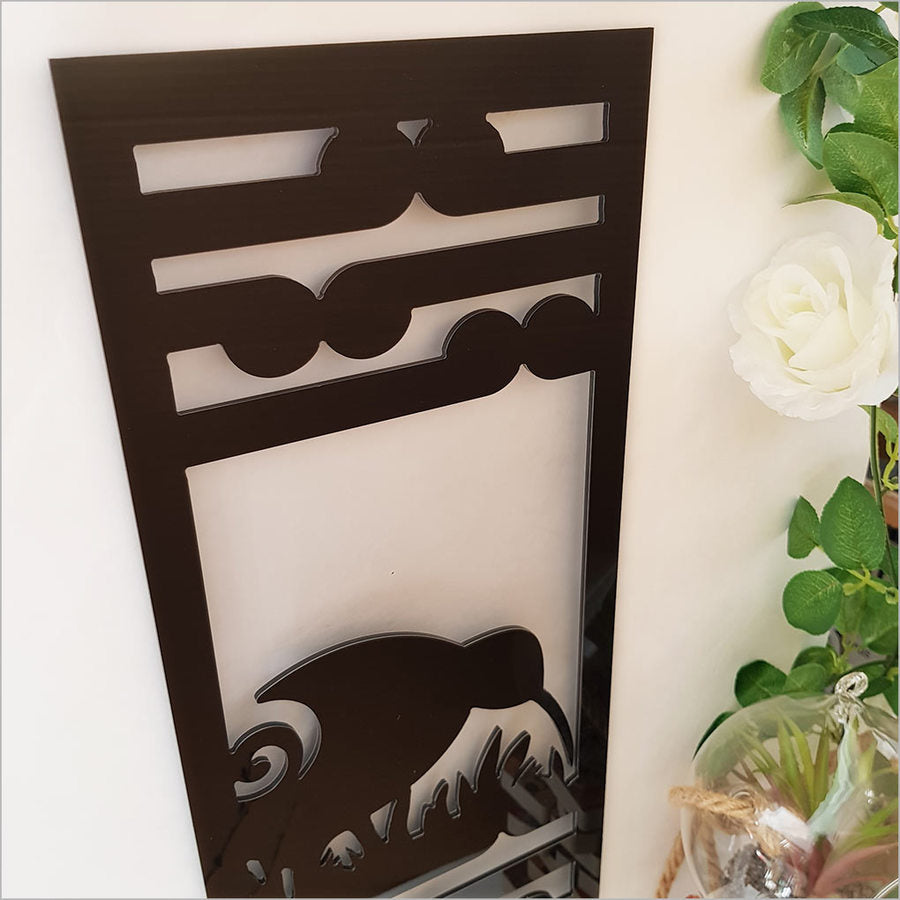Kiwiana Wall Art featuring a Kiwi bird and Koru design in black, crafted from durable Aluminium Composite Material.