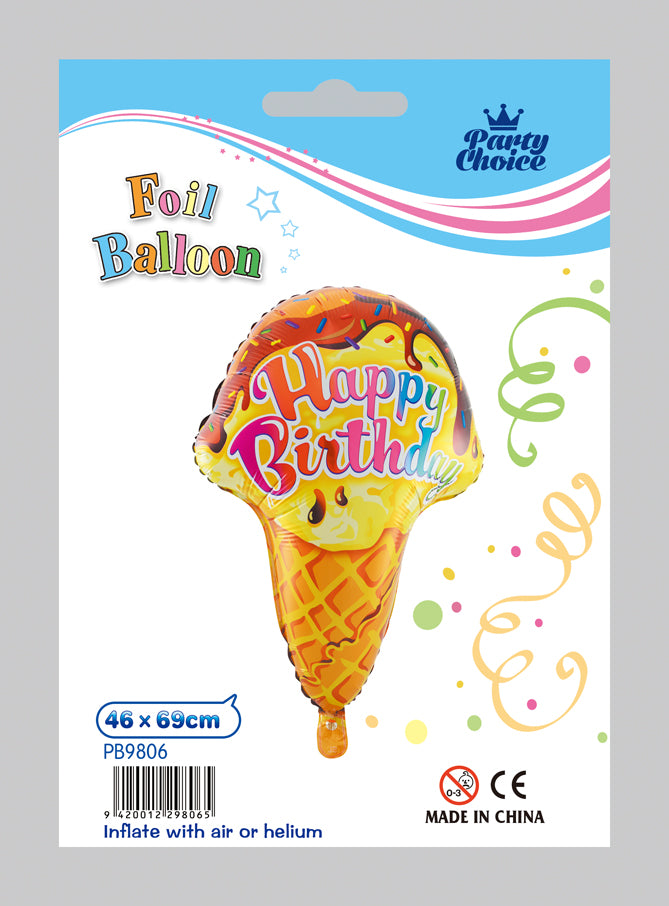 Vibrant ice cream-themed foil balloon (46 x 69cm) with a cheerful "Happy Birthday" message for festive celebrations.