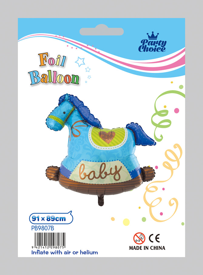 Foil balloon in the shape of a wooden horse, ideal for baby boy celebrations, measuring 91cm x 89cm.