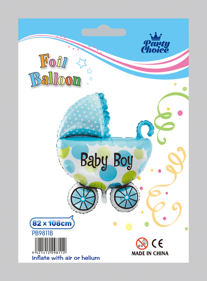 Blue Baby Carriage foil balloon, 82cm x 108cm, ideal for celebrating baby boys at showers or birthday parties.