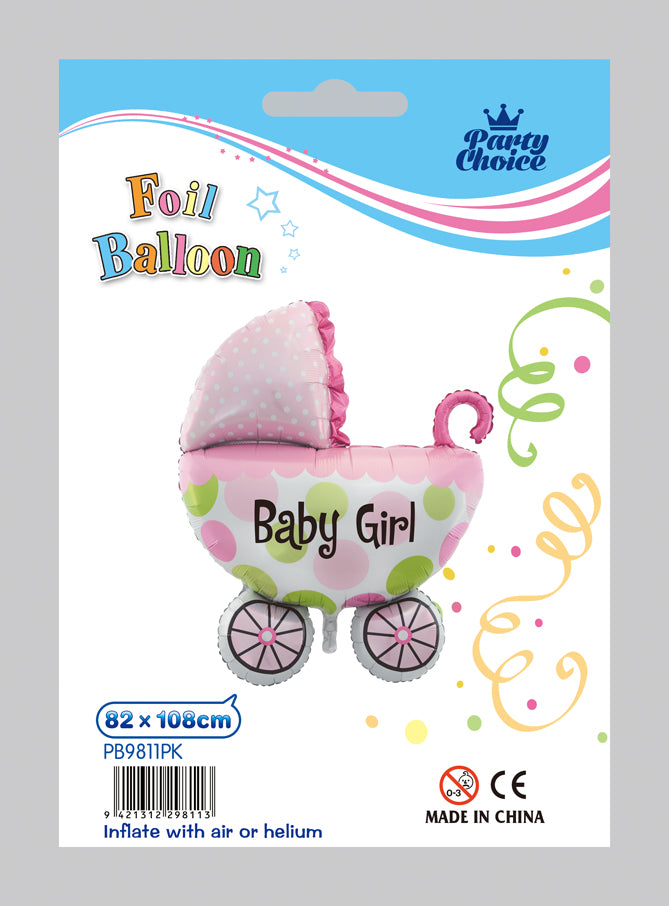 Pink Baby Carriage foil balloon, 82cm x 108cm, perfect for celebrating a baby girl at showers or gender reveal parties.