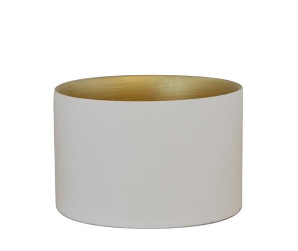 Small round white and gold tea light candle holder, 8x5cm, elegantly designed for modern and traditional decor.