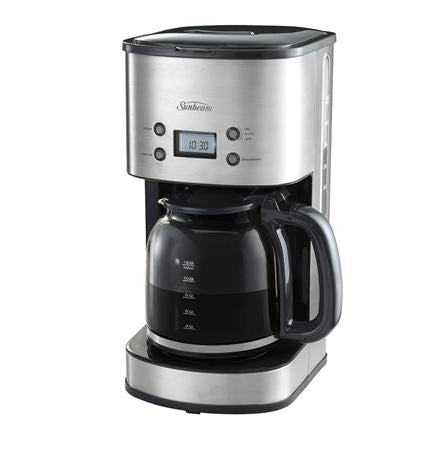 Sunbeam Drip Filter Coffee Machine with stainless steel finish, 12-cup capacity, anti-drip valve, and programmable timer.