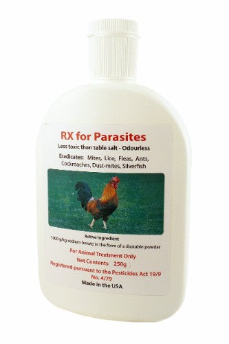 RX for Parasites 250g powder in a container, designed for safe and effective pest control for small animals.