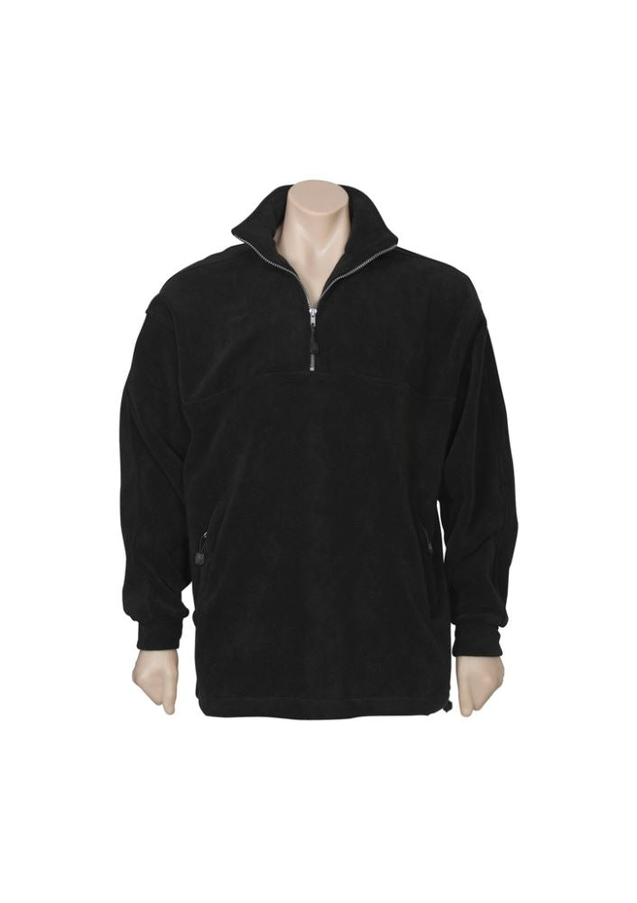 Men's black 1/2 zip winter fleece, heavy weight with concealed pockets, adjustable hem, and stylish design for warmth and comfort.