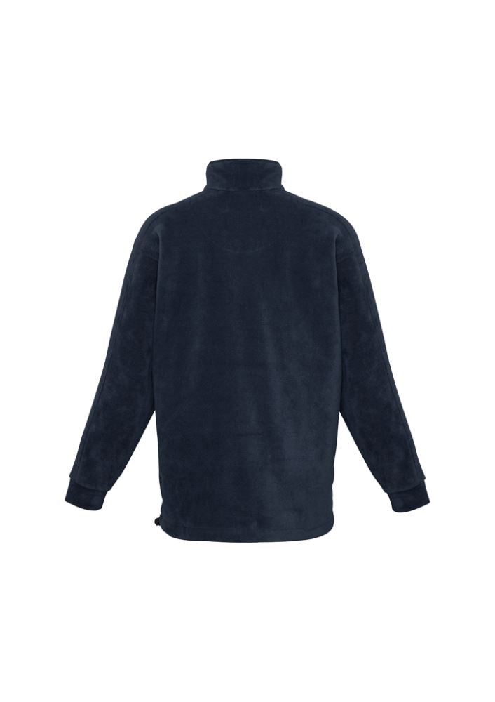 Men's navy winter fleece pullover with 1/2 zip, warm 360 GSM fabric, concealed pockets, and adjustable hem for comfort.