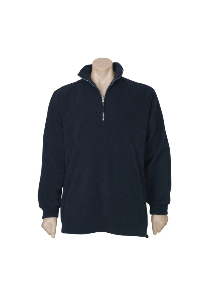 Men's navy 1/2 zip winter fleece with durable 360 GSM fabric, concealed pockets, adjustable hem, and modern style. Size L.