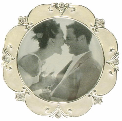 Elegant round silver photo frame with crystals, 6cm diameter for 4cm photo, perfect for showcasing cherished memories.