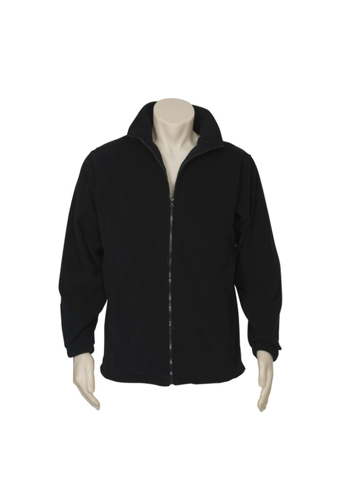 Men's black micro fleece jacket in size XS, featuring a full front zipper and two zippered pockets for warmth and style.