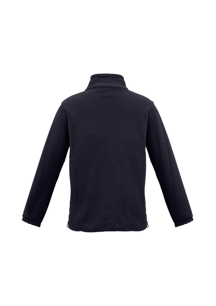 Navy micro fleece jacket for men, size L, with full zipper and zippered pockets for warmth and style.