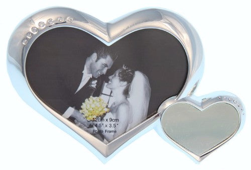 Double Heart Photo Frame featuring intertwining hearts, ideal for showcasing love memories; engravable small heart for personalization.