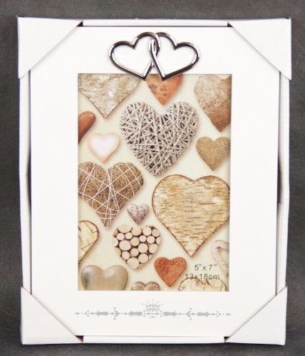 Elegant Double Hearts White Photo Frame with heart-shaped accents, perfect for showcasing cherished memories.