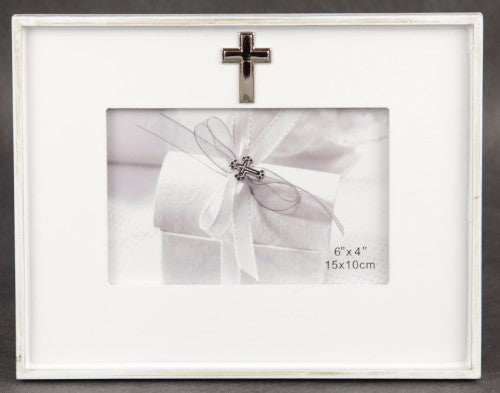 Elegant white 4x6 photo frame with cross design, perfect for showcasing cherished memories in any décor.