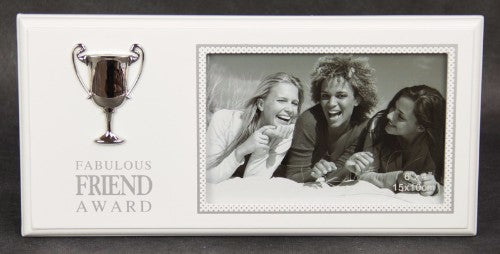 Elegant photo frame with silver trophy accent, holds 6x4 photos, perfect for showcasing memories and celebrating friendship.