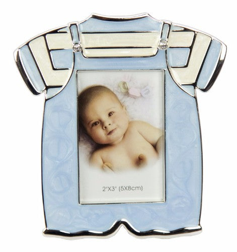 Charming Baby Boys Clothes Photo Frame showcasing a 2x3 inch photo and a tiny outfit piece for precious memories.