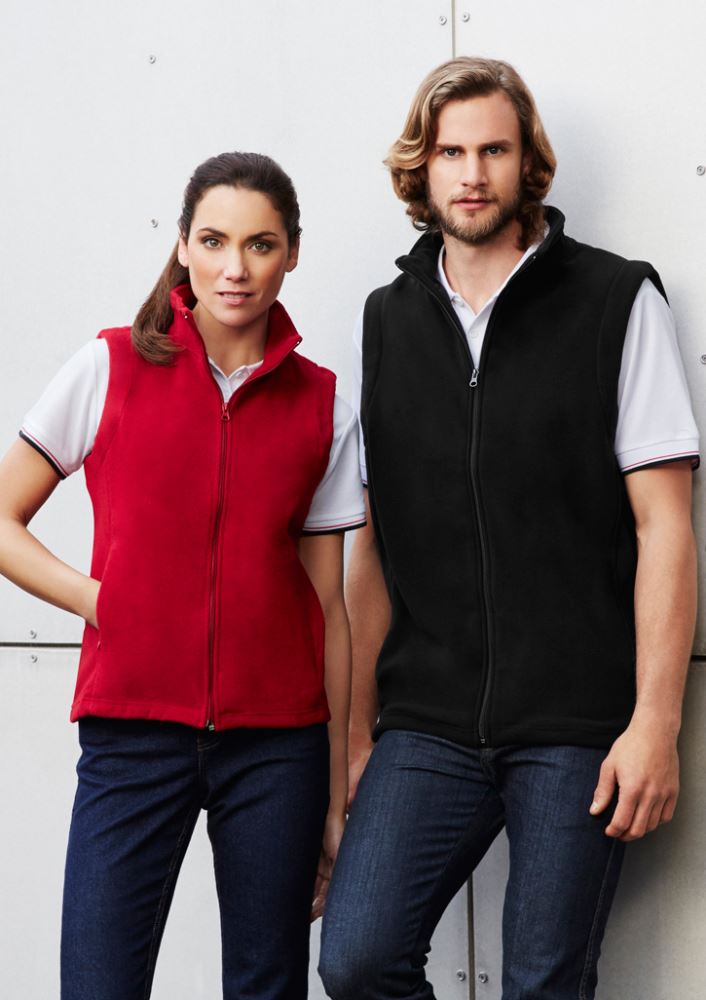 Navy micro fleece vest for women, size 22, featuring a full zipper, concealed pockets, and flattering side panels.