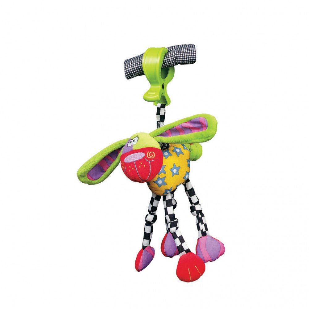 Colorful Wonky Wiggler toy by Playgro, wiggling motion, attaches to strollers, promotes visual skills for babies.