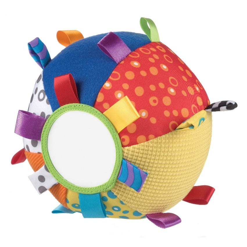Colorful My First Loopy Loops Ball with textured loops, mirrored surface, and rattling sounds for sensory development in babies.