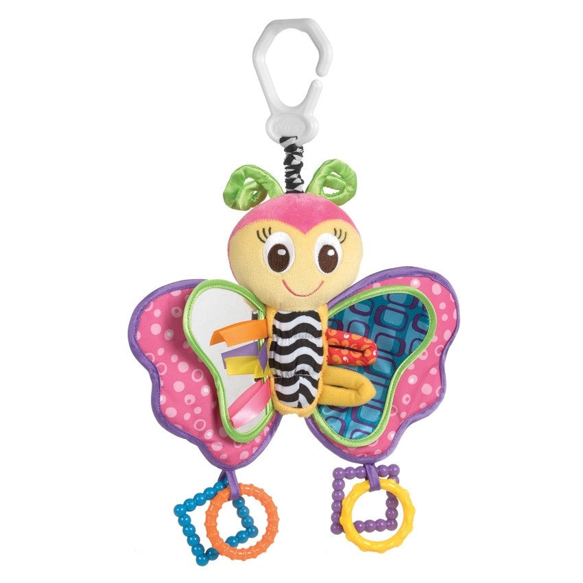 Colorful plush butterfly baby toy with crinkly wings, mirror, and teething rings for sensory exploration and skill development.