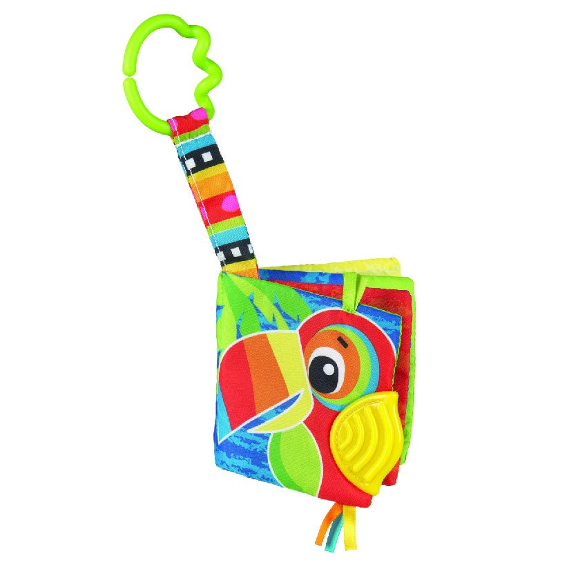 Colorful soft book for babies with sounds, textures, and easy attachments for on-the-go learning and play.