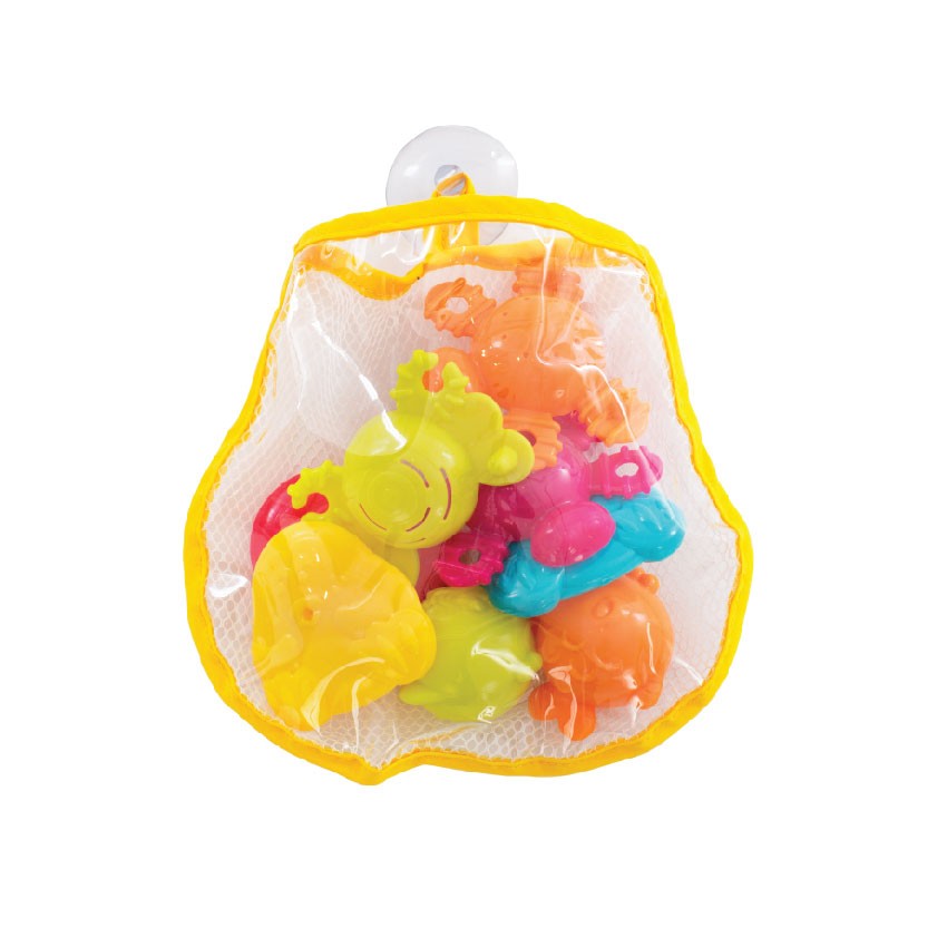 Colorful 8-piece bath toy set with linking characters, scoop and pour cups, and a suction storage net for toddlers.