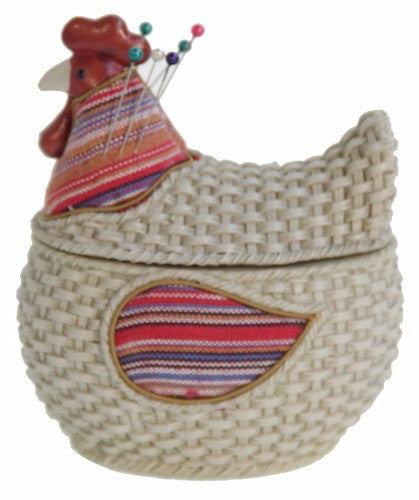 Charming chicken-shaped pin cushion, 8cm deep, 11cm wide, 13cm high; perfect for holding pins while enhancing your sewing space.