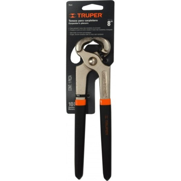 Durable 8" carpenter's pincers with chrome vanadium steel, machined jaws, and non-slip handles for precise nail extraction.