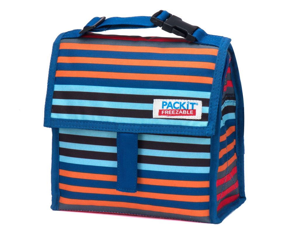 Vibrant Mini Cooler Cali Stripes bag, foldable and lightweight, keeps food fresh for up to 10 hours on the go.