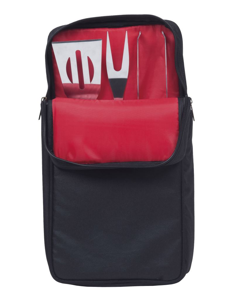 3-piece stainless steel BBQ tool set in a sling bag, featuring spatula, tongs, fork, and adjustable strap for grilling.