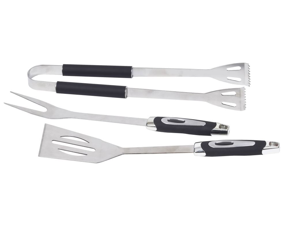 3-piece stainless steel BBQ tool set with spatula, fork, tongs, and portable carry bag, ideal for outdoor grilling adventures.