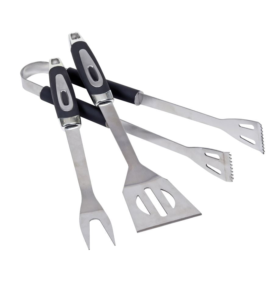 3-piece stainless steel BBQ tool set with durable spatula, fork, tongs, and stylish carry bag featuring adjustable strap.