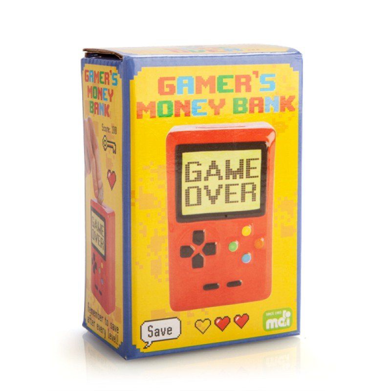 Bright red ceramic money bank shaped like a gaming console, perfect for gamers and nostalgic adults, measuring 12cm high.