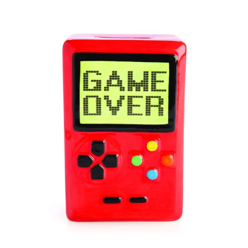 Bright red ceramic money bank shaped like a vintage gaming console, perfect for gamer's decor and coin storage.