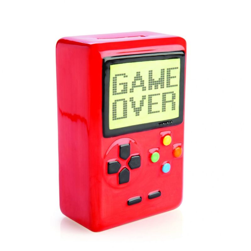 Bright red ceramic money bank shaped like a portable game console, perfect for gamers and nostalgic decor.