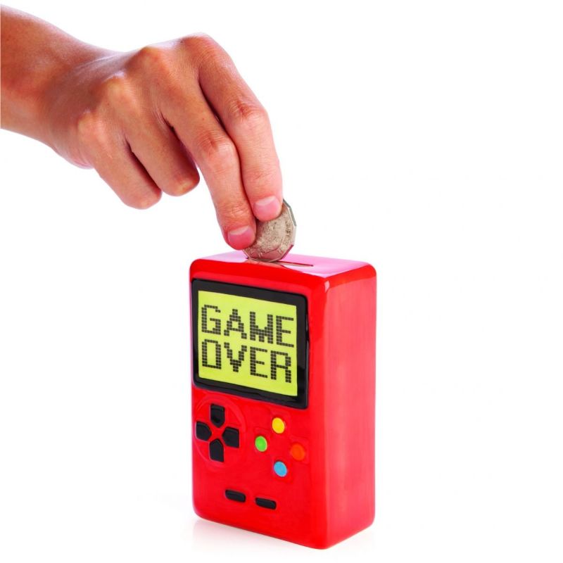 Bright red ceramic money bank shaped like a classic game console, ideal for gamers and nostalgic decor.