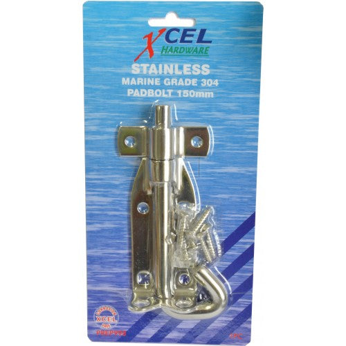 Stainless steel Padbolt 150x12mm for secure locking, ideal for gates and marine use, with corrosion resistance and mounting screws.