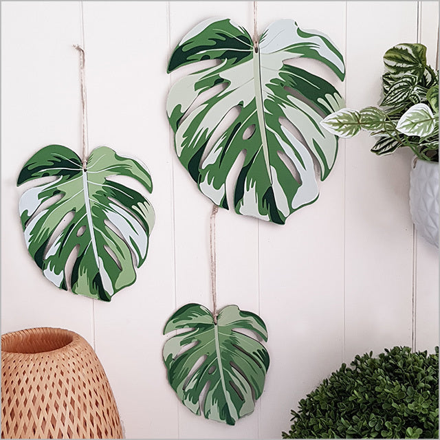 Set of 3 ACM Printed Monstera wall hangings, vibrant tropical decor for indoor or sheltered outdoor spaces.