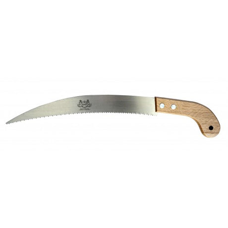 Pruning saw with 355mm high carbon steel blade, ergonomic pine handle, ideal for efficient tree and shrub cutting.