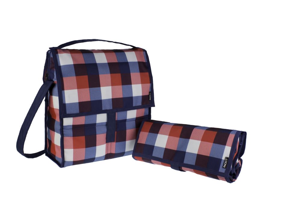 Buffalo Checks Social Picnic Cooler in a trendy check pattern, keeps food and drinks cool for 10 hours, perfect for outings.