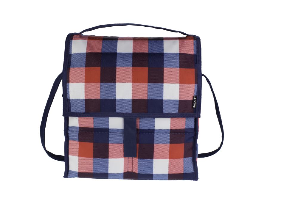 Buffalo checks picnic cooler bag, lightweight and freezable, keeps food cool for 10 hours, perfect for outdoor gatherings.