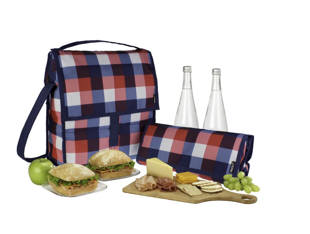 Buffalo Checks Social Picnic Cooler in stylish buffalo check, foldable, freezable, keeps food cool for 10 hours, ideal for outings.