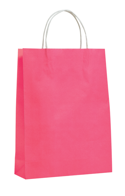 Vibrant pink paper carry bags, 350mm high, 260mm wide, perfect for retail and gifts, featuring a 20mm gusset.