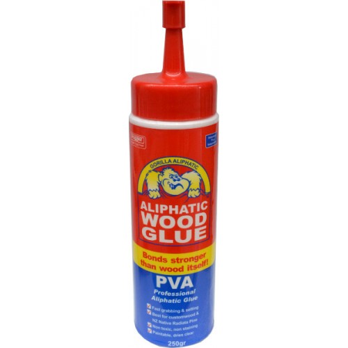 Gorilla PVA Aliphatic Liquid Glue 250gm, a fast-setting, clear-drying woodworking adhesive perfect for Rimu and Beech timber.