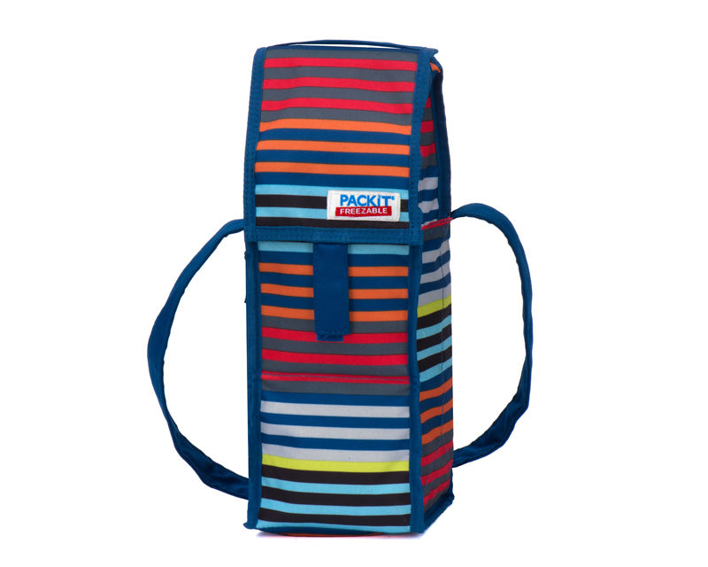Stylish Wine Cooler Cali Stripes bag keeps wine cool for 10 hours; foldable, freezer-friendly, perfect for outings.