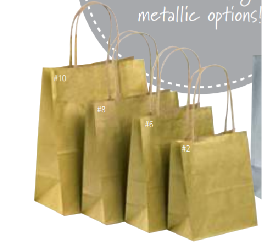 Classic gold petite gift bags with twisted handles, ideal for retail, crafts, and party favors - 50 units, 200 x 150 x 80mm.